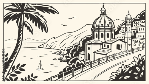 Explore the italian coastline: illustration of positano amalfi coast with palm trees and architecture