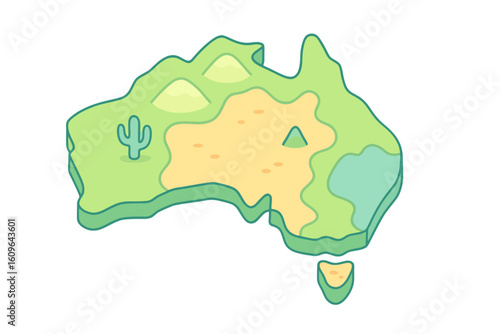 Isometric cartoon map of Australia with desert, green coastlines, and hills in pastel vibrant colors. Perfect for travel and educational use.