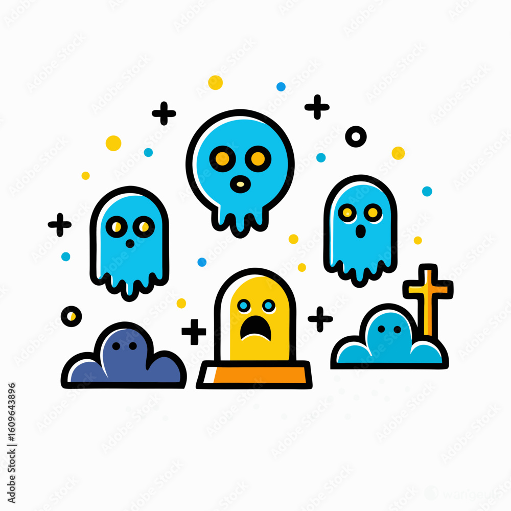 Naklejka premium Colorful cartoon ghosts and gravestones floating in the air 