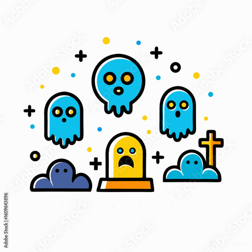 Colorful cartoon ghosts and gravestones floating in the air  