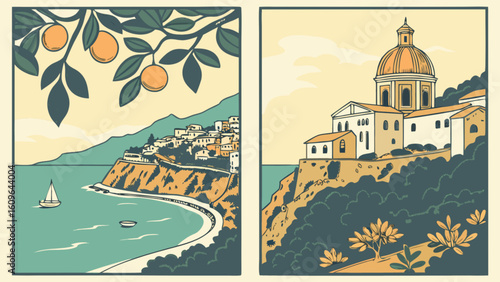 Vintage travel posters of italian coastal towns with orange trees and architecture art prints for sale