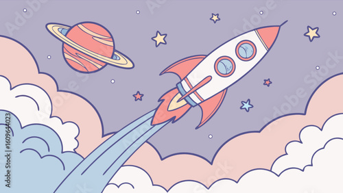 Rocket ship launch in space with planet and stars vector illustration for kids and children design
