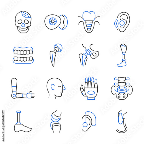 Prosthetics line icon set. Color vector collection of prostheses with implant, hearing aid, hip joint, bionic arm, prosthetic leg.