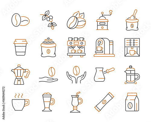 Coffee line icon set. Color vector collection with beans, grinder, beans bag, turkish cezve, coffee machine, latte, cappuccino, coffee maker, cup.