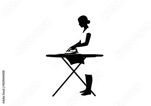 A black silhouette of a woman standing and ironing clothes on an ironing board.