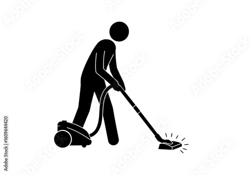 A simple black icon of a person bent over, cleaning the floor with a canister vacuum cleaner.