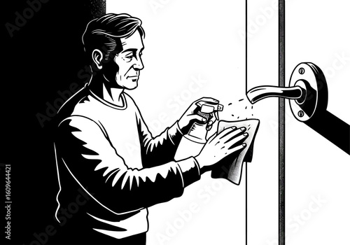 An illustration of a man meticulously disinfecting a doorknob with a spray bottle and a cloth to maintain hygiene.