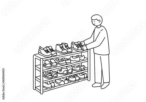 A person standing and selecting shoes from a shoe rack, considering options.