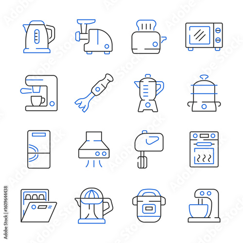Kitchen appliance line icon set. Color vector collection with kettle, meat grinder, toaster, microwave oven, coffee machine, blender,  steamer, mixer, fridge, juicer, dishwasher.
