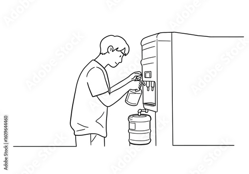 A simple line drawing of a person filling a reusable bottle with fresh water from a standing office water cooler.