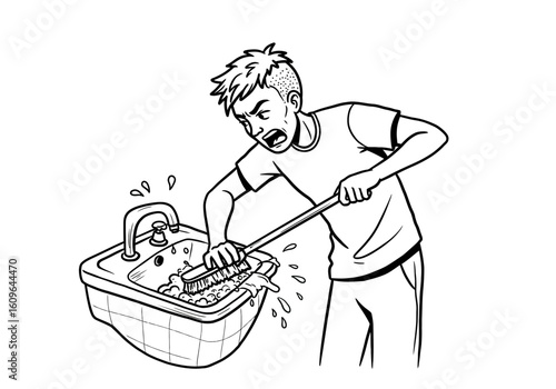 Frustrated man aggressively cleaning clogged sink drain with a brush.