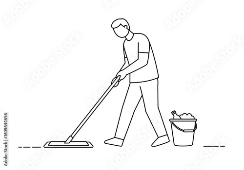 Man mopping floor, cleaning, bucket, housework, chores, simple line art illustration.