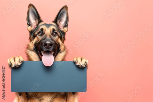 Studio pet with sign. Isolated doggy on a solid dress code pink background. Ad-ready studio animal. Ð¡ute dog german shepherd hold in front paws a design draft - large blue alley sign.