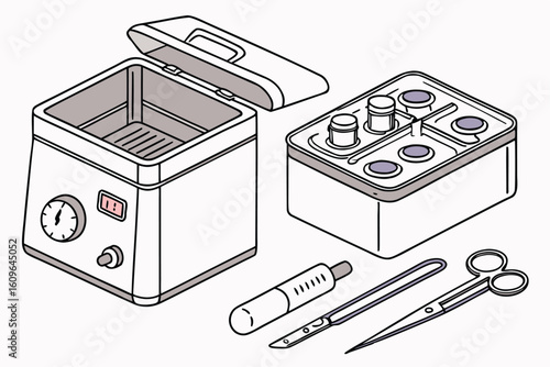 Isometric View of Sterilization Equipment and Surgical Instruments Depicting Medical Hygiene Practices and Healthcare Facility Preparedness