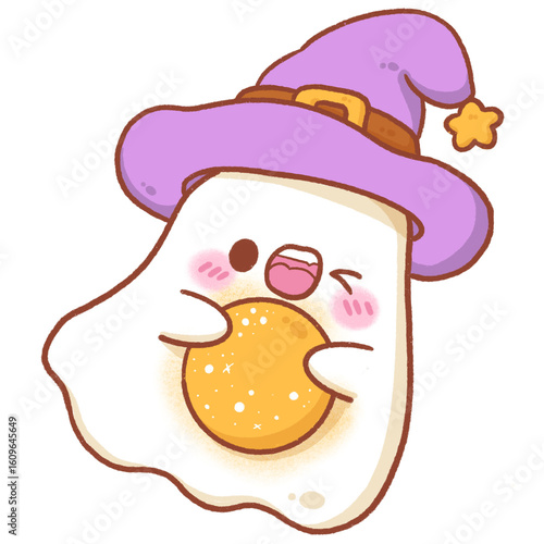 Cute ghost cartoon wears witch hat, halloween decoration 