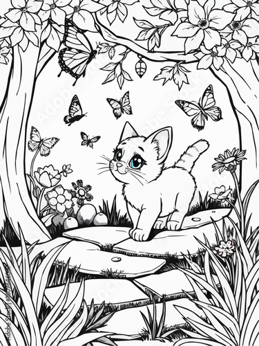 Cute kitten stands on a stone, coloring book.  