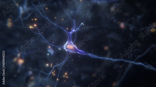 A highly stylized neuron with glowing orange nucleus and delicate branching dendrites radiates in a dark space,