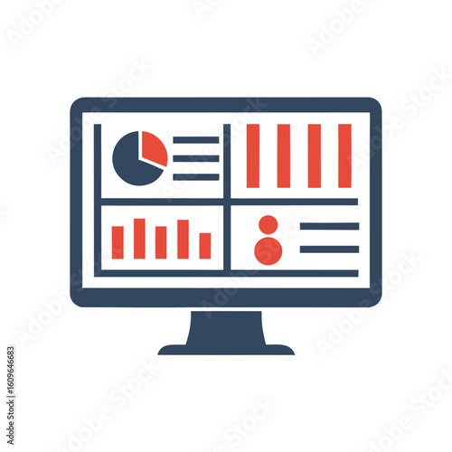 Computer monitor displaying various charts and graphs in red and blue colors screen data