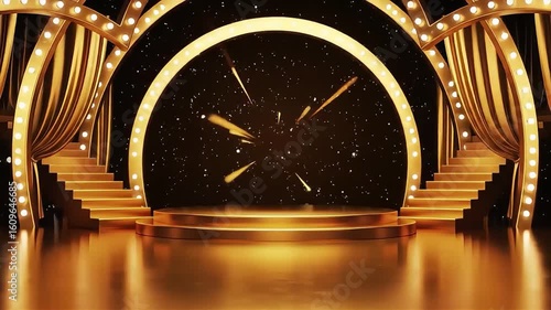 Golden Stage with Archways and Sparkling Backdrop for Performance or Presentation