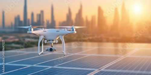 Fototapeta Naklejka Na Ścianę i Meble -  A white quadcopter drone flies near solar panels with a city skyline and sunset in the background.