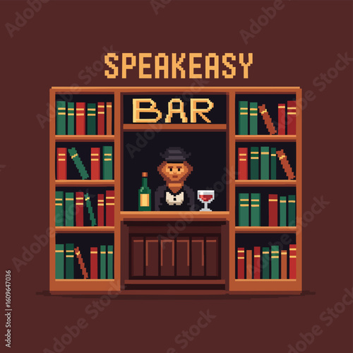 Pixel Art Speakeasy Bar with Bartender and Bookshelves.