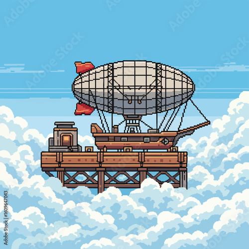 Pixel Art Airship Docked on Cloud Platform.