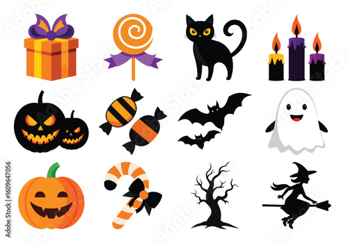 Vector art of a collection of spooky halloween icons including pumpkins, ghosts, bats, and witches