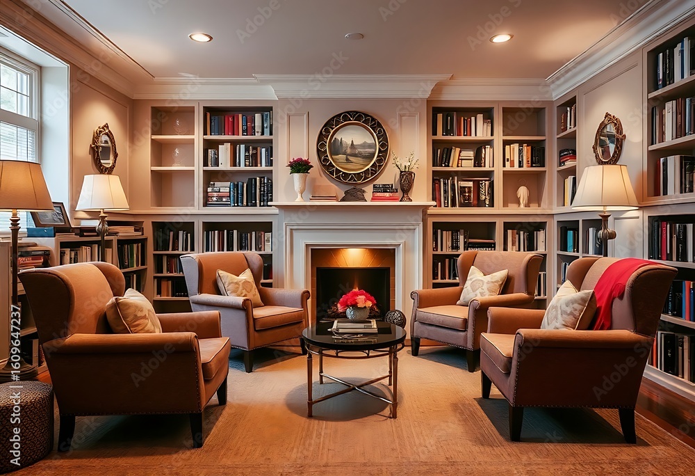 Fototapeta premium Cozy Library with Fireplace and Armchairs