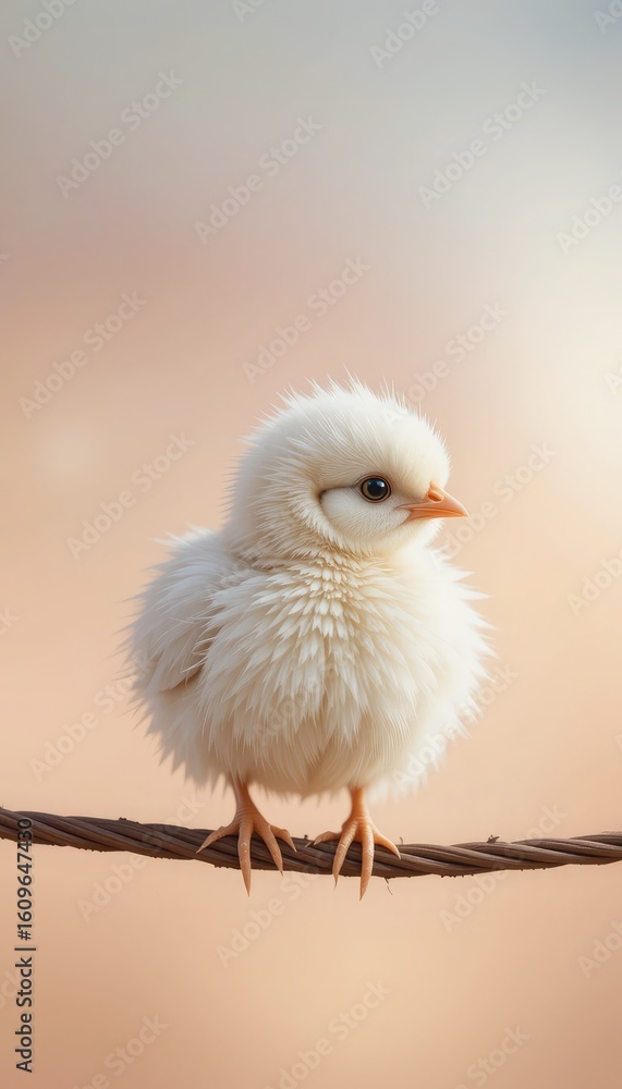Obraz premium Fluffy white chick perched on wire baby chicken yellow