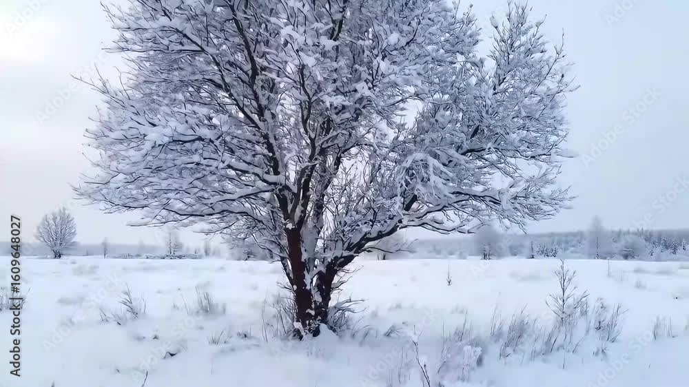 Snow-laden tree, winter field, distant woods Snow-laden tree, winter field, distant woods
