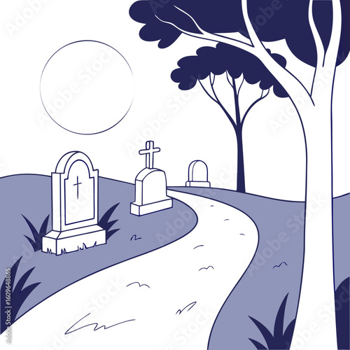 Graveyard with tombstones and pathway under the moonlight  