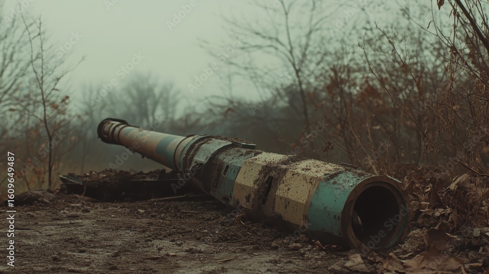 Abandoned Tank Barrel in Foggy Landscape Surrounded by Nature Abandoned Tank Barrel in Foggy Landscape Surrounded by Nature
