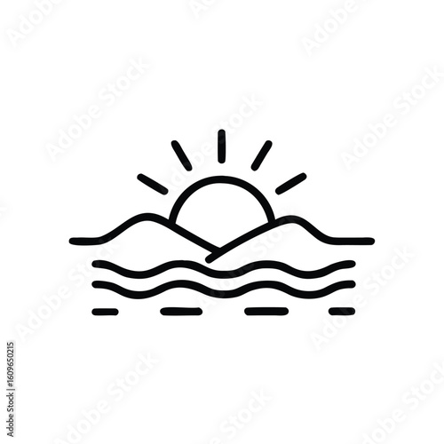 Minimalist line art icon sun rising over wavy landscape sunrise dawn