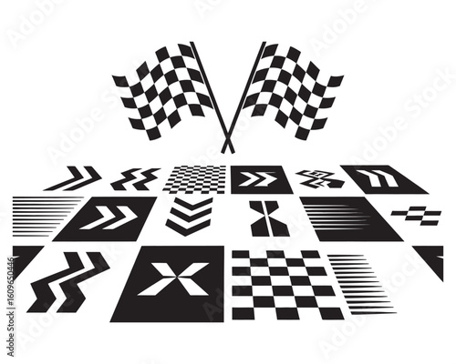 Racing cars, checkered finish line flags, bold car stripes, motocross badge elements, and dynamic lines for speed, motorsport, and competition themes
