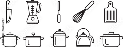 Collection of hand drawn kitchen utensils and appliances