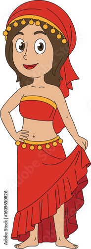 Cartoon belly dancer girl in red costume, traditional dance outfit character illustration, cultural performance pose, ethnic vector design, isolated on white background