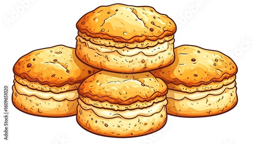 Stacked scones, golden brown, creamy topping