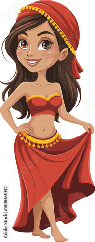 Beautiful cartoon belly dancer character, smiling girl in red costume, traditional cultural outfit, dancing pose vector illustration, isolated on white background