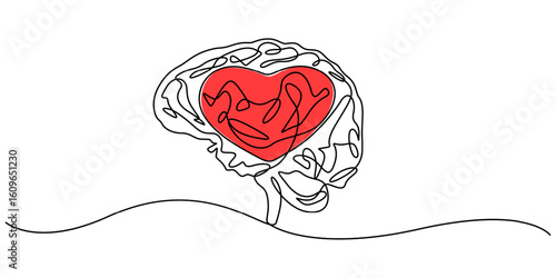 Human brain and heart inside continuous line drawing. Rationality with emotions connection concept. Vector illustration isolated on white, Simple One Line Drawing of a Brain Inside a Heart Symbol, pro