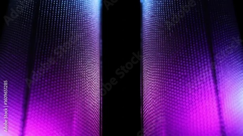 glowing sound columns pulsing to invisible beat, mirrored symmetry, black background