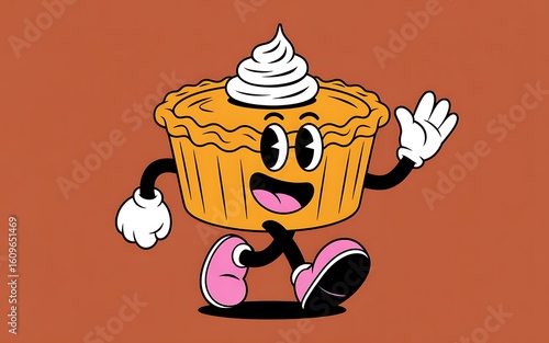 Cheerful Pumpkin Pie Cartoon Character Waving Hello A Nostalgic Animated Treat Spreading Happiness With Every Step And Whimsical Design
