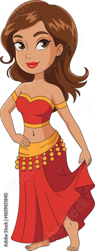 Beautiful cartoon belly dancer girl, traditional costume character in red dress, cultural dance illustration, performance vector art, isolated on white background