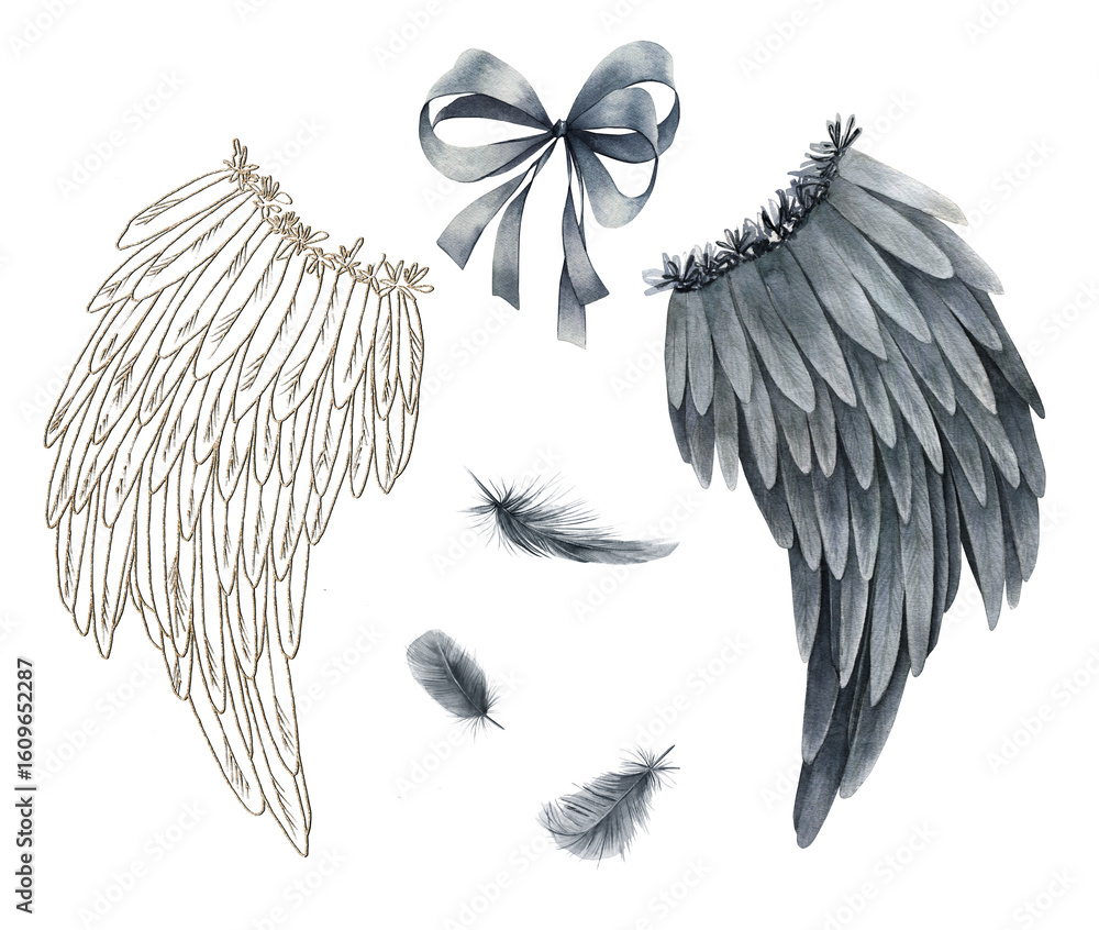 Obraz premium Watercolor gold, black wings, feather, bow. Abstract hand drawn isolated illustration on white background