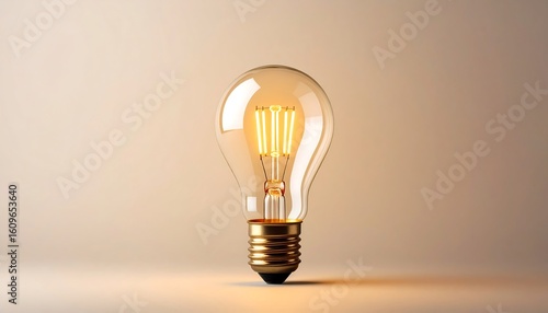 Single incandescent light bulb, glowing warmly against a pale beige background