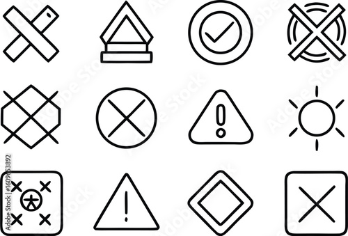 Collection of hand drawn warning and prohibition symbols isolated on transparent background