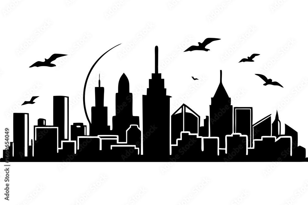 Obraz premium Vibrant Sunset Over Modern City Skyline Illustration