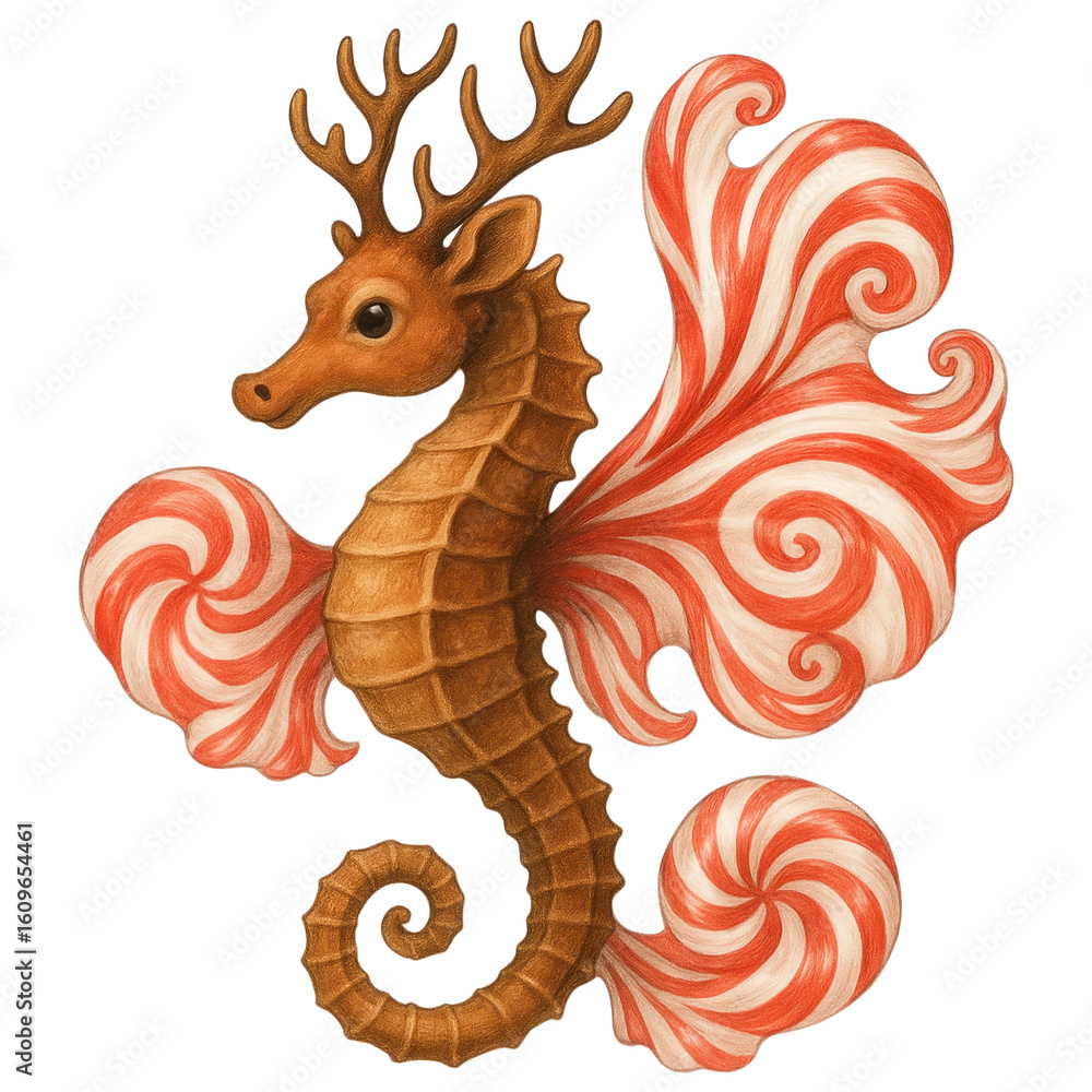 Obraz premium Festive Seahorse with Candy Cane Wings Whimsical Holiday Illustration