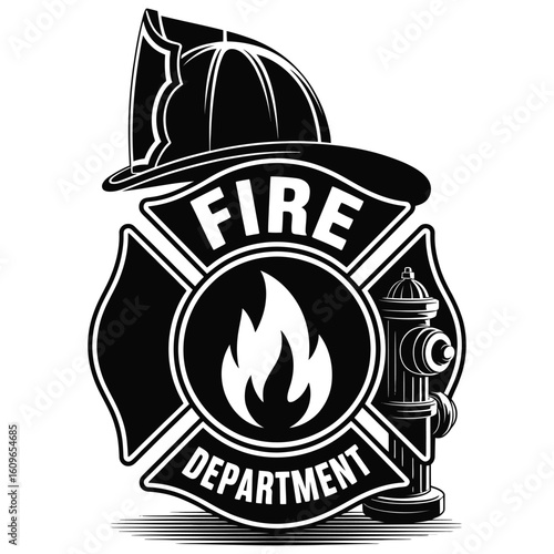 Fire department emblem elements set in vector silhouette including badge, helmet, hydrant, and flame design