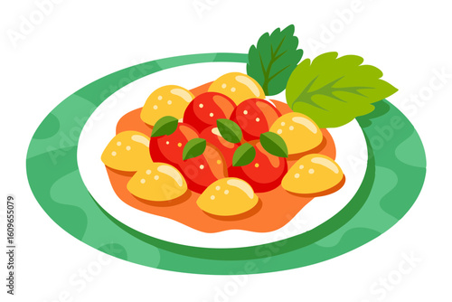 Delicious Gnocchi Dish with Basil and Cheese Vector Art