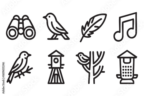 Birdwatching nature music and shelter icons binoculars feather